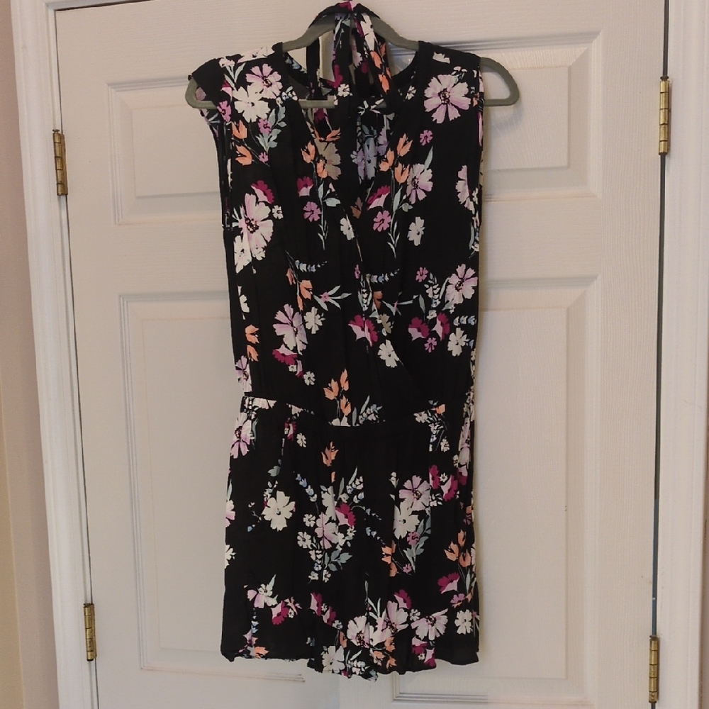LOFT Black Floral Romper With Pockets and Belt